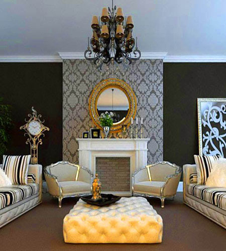golden-mirror-white-fireplace-black-wall-paint-wallpaper